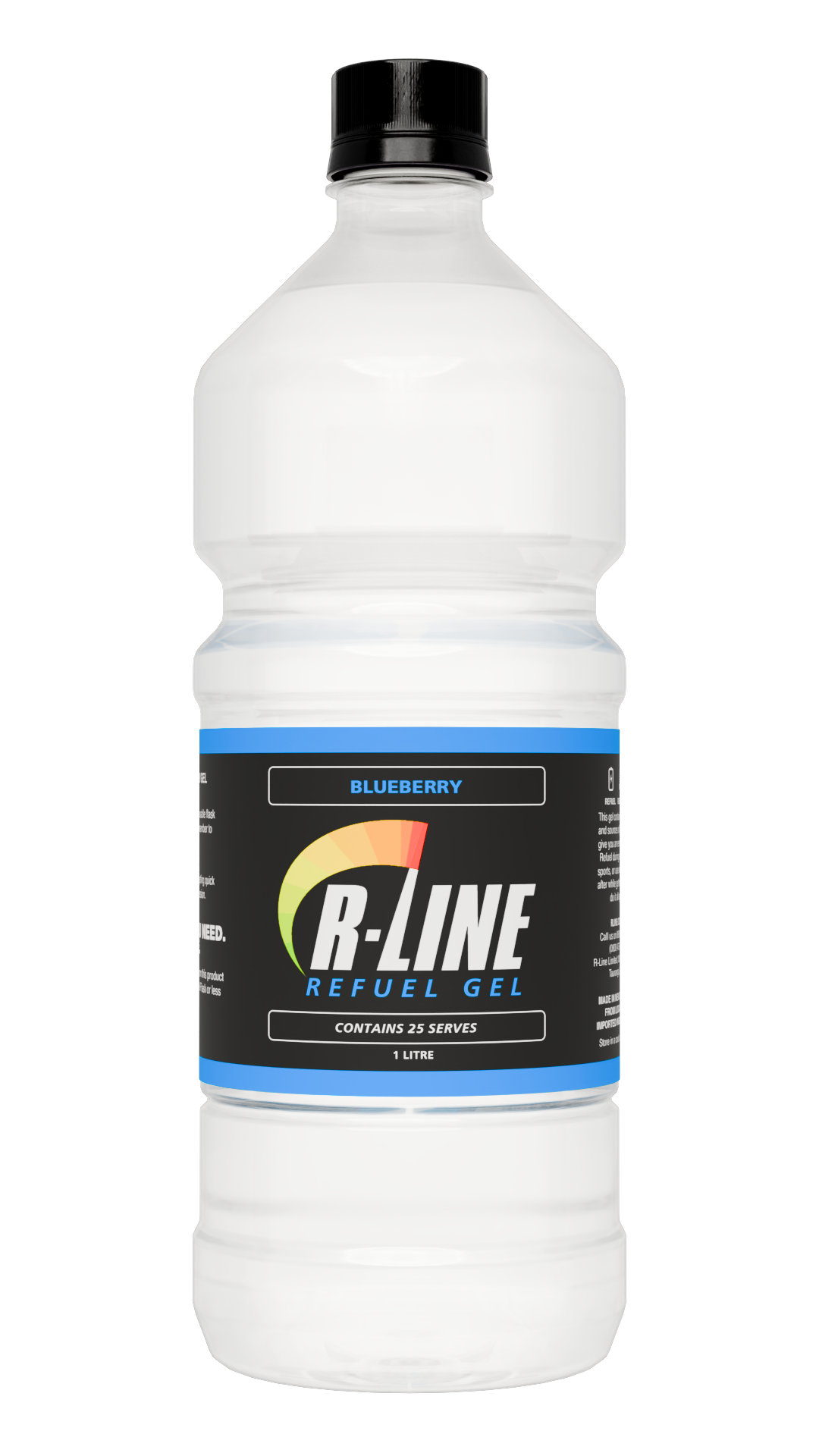R-LINE Refuel Gel bottle with blueberry flavor and black cap, 1 liter size, label visible