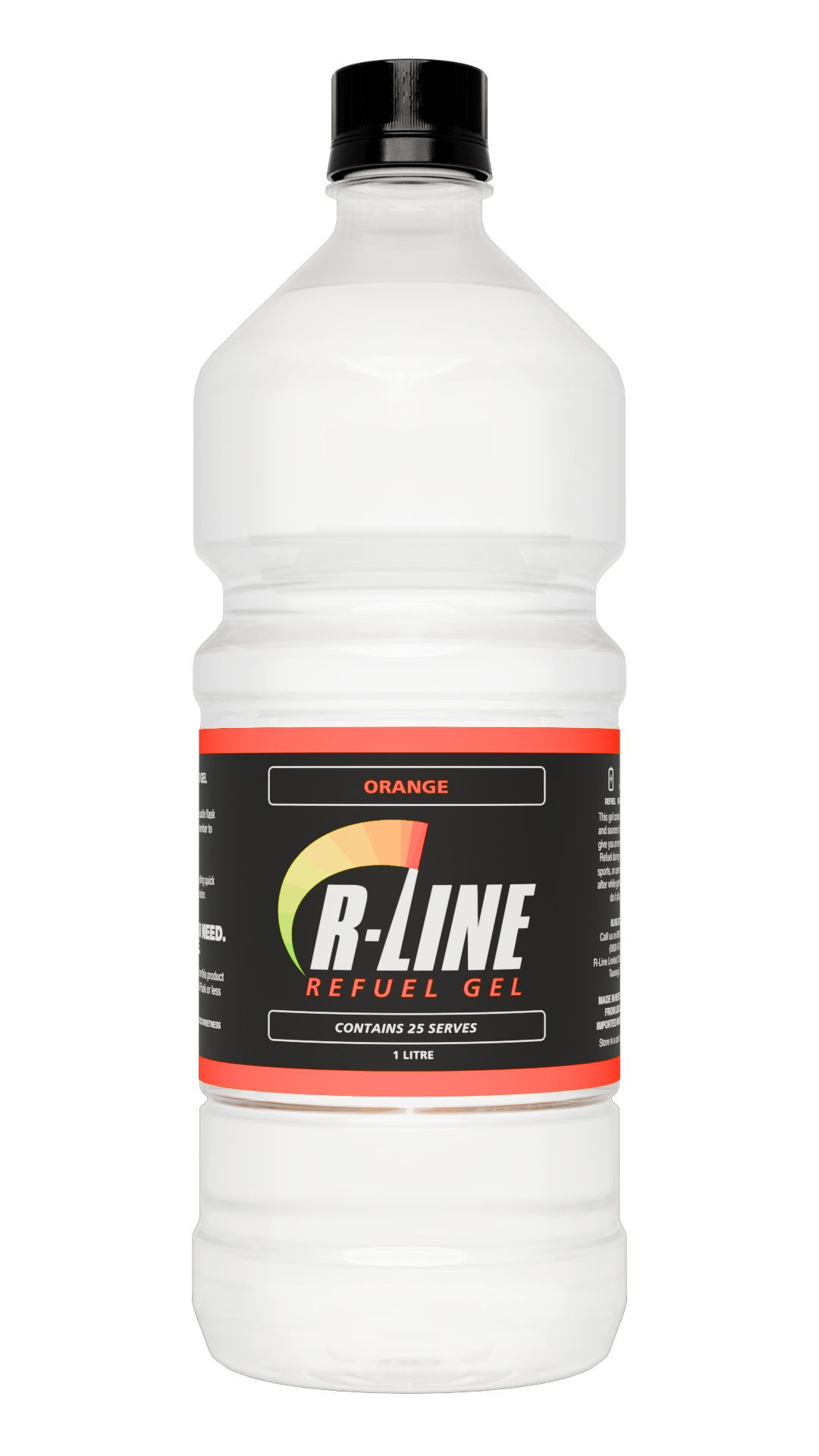 1-litre bottle of R-Line Refuel Gel in orange flavor, label notes 25 serves.