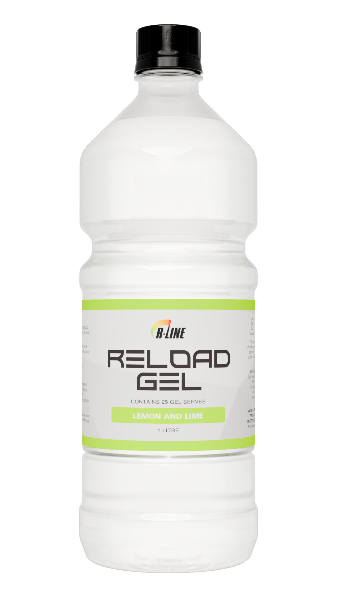 Bottle of R-Line Reload Gel (lemon and lime), 1 litre, with black cap and bright green label